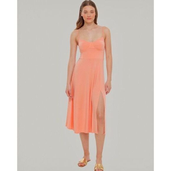 DEX - NWT - L Sz MEDIUM Structured-Bodice Knit Midi Dress in Peach Coral. LOVELY - Picture 2 of 14